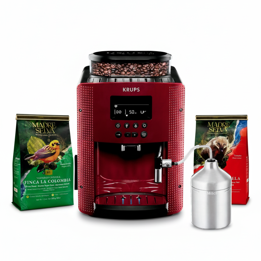 Cafetera Espresso KRUPS Full Auto Display Roja / Blanca + lechero